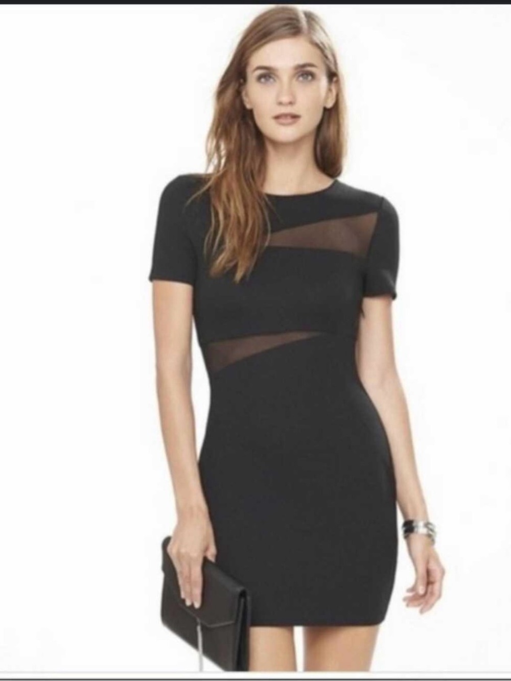 Express woman black dress size 4 NEW
Black Short-Sleeve Sheath Dress with Mesh.